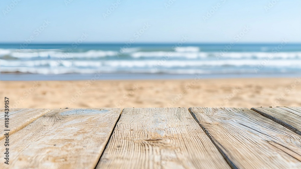 Wooden table at the beach with water in the background Wooden table at the beach with water in the background
