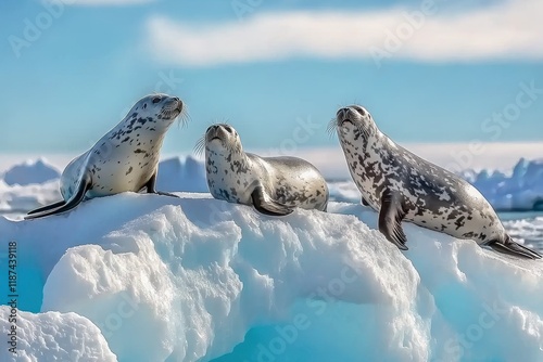 A group of Weddell seals lounging on sea ice, occasionally slipping into the water for a swim photo