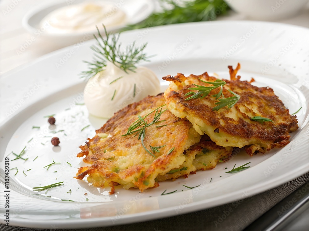 Crispy potato pancakes served with sour cream and fresh herbs on a simple white plate Crispy potato pancakes served with sour cream and fresh herbs on a simple white plate
