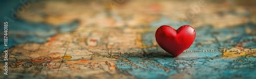 A vibrant red heart shaped ornament resting on a detailed world map symbolizing the concepts of love travel adventure and The image conveys a sense of romance wanderlust