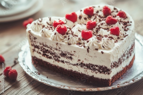 Heart Shaped Chocolate Raspberry Cake With Whipped Cream photo