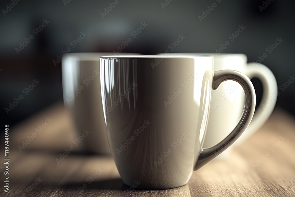 Two empty coffee cups sit on a wooden table, ready for use Two empty coffee cups sit on a wooden table, ready for use