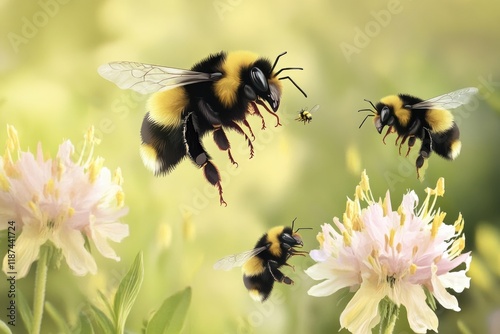 Group of bees collecting nectar from colorful flowers in a sunny field photo