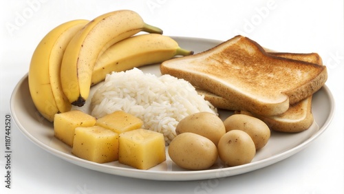 Bland food platter with bananas simple meal setup indoor kitchen minimalist view