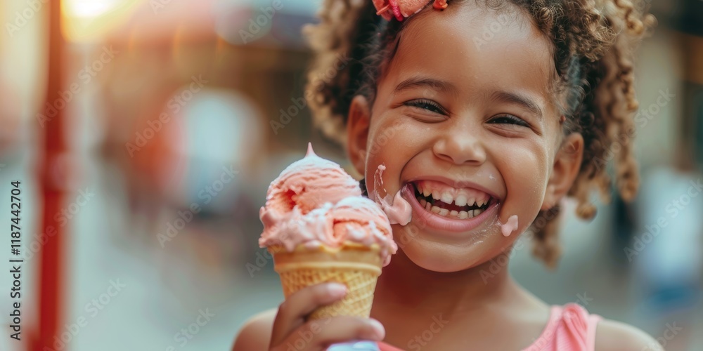 Young child enjoying ice cream outdoors on a warm day, smiling and having a delightful time with a tasty treat Young child enjoying ice cream outdoors on a warm day, smiling and having a delightful time with a tasty treat