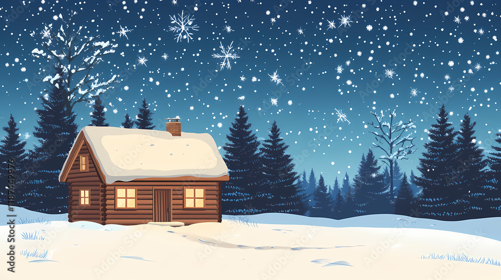Cozy cabin under a starry winter night sky. Stardrift. Illustration Cozy cabin under a starry winter night sky. Stardrift. Illustration