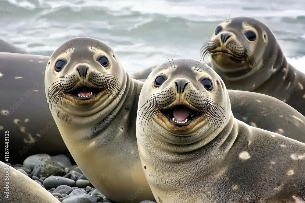 Fototapeta premium A herd of elephant seals basking on a rocky beach, molting under the summer Antarctic sun.