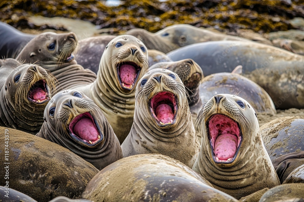 A herd of elephant seals basking on a rocky beach, molting under the summer Antarctic sun. A herd of elephant seals basking on a rocky beach, molting under the summer Antarctic sun.