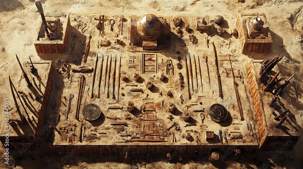 Depiction of burial sites intricate arrangements of ancient weapons and ceremonial relics Depiction of burial sites intricate arrangements of ancient weapons and ceremonial relics