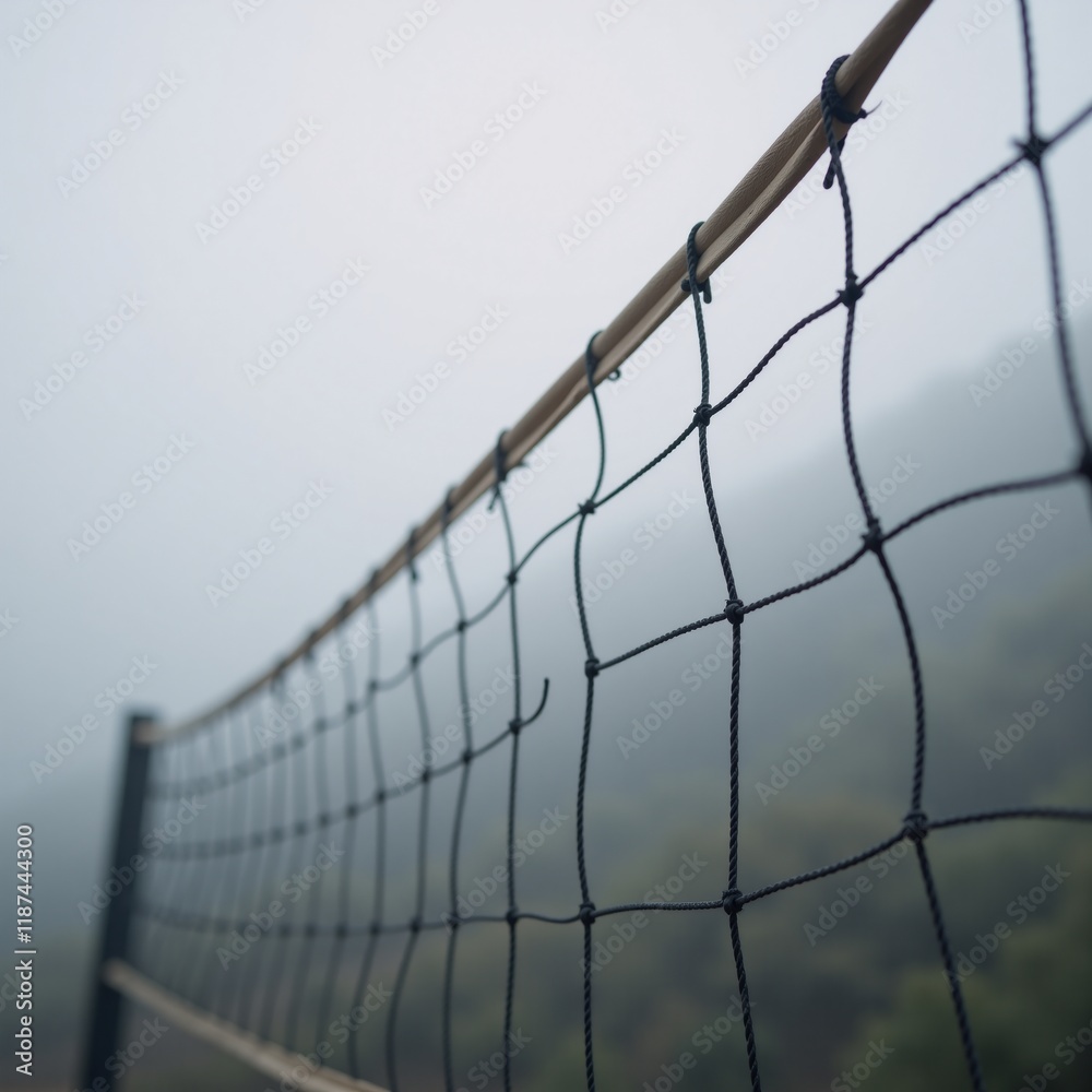 Volleyball net set against a misty backdrop Volleyball net set against a misty backdrop