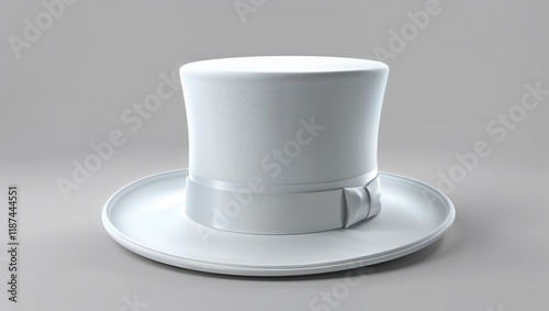 A pristine white top hat, perfectly lit, sits on an elegant wooden table, exuding classic sophistication and charm, ideal for a formal event or vintage-inspired celebration photo