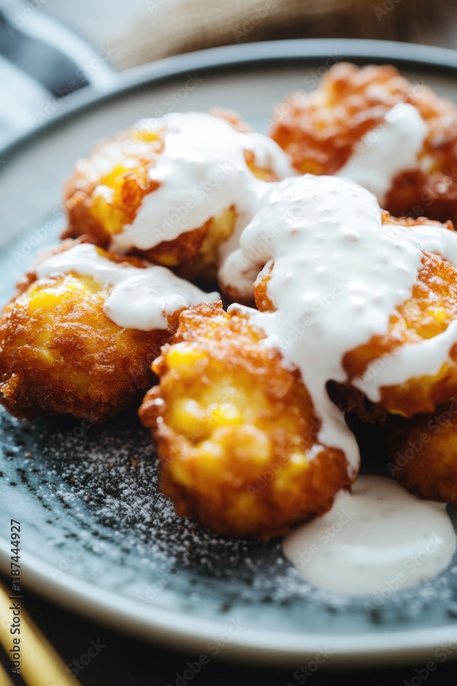 A plate of fried food smothered in savory sauce, perfect for a meal or snack A plate of fried food smothered in savory sauce, perfect for a meal or snack