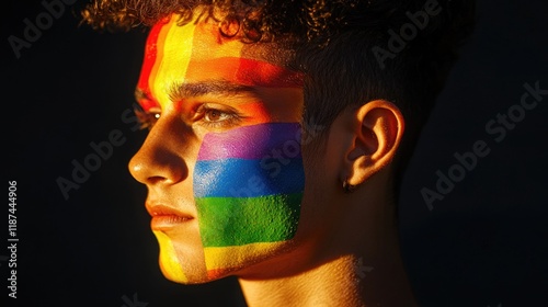 A person with a colorful rainbow design on their face, great for festivals or events photo