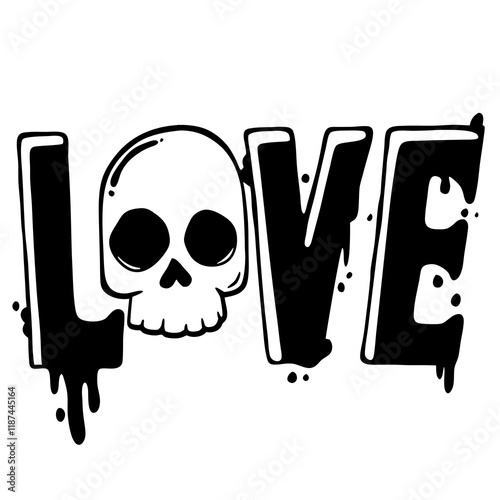 Bold lettering spells out the word LOVE with the letter O creatively replaced by a skull