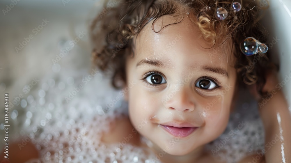 Joyful toddler enjoying a bubble bath in a tub filled with foam. Happy moments during bath time Joyful toddler enjoying a bubble bath in a tub filled with foam. Happy moments during bath time