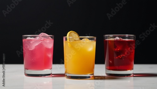 Three vibrant cocktail glasses stand out against a dark backdrop on a bar photo