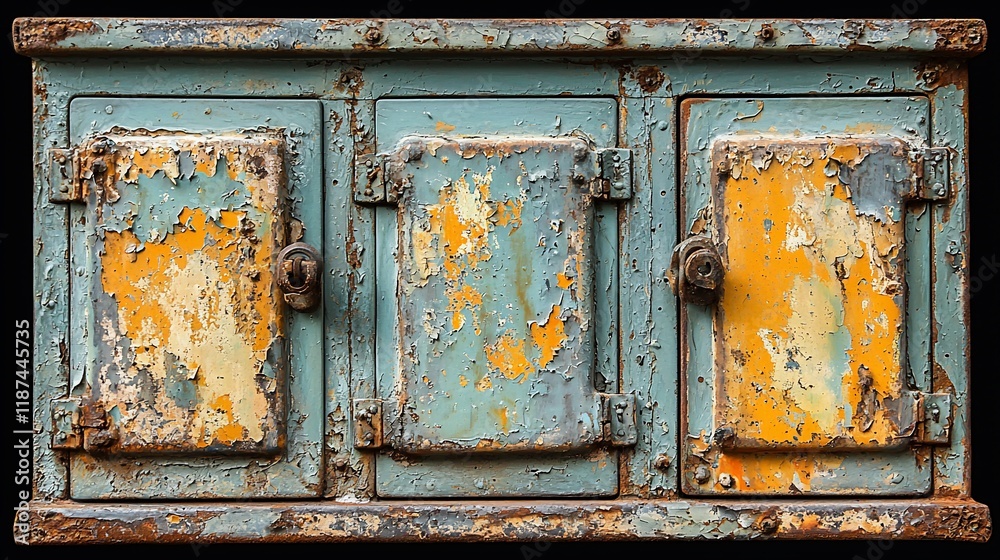 Naklejka premium Rustic three-door metal cabinet with peeling paint.