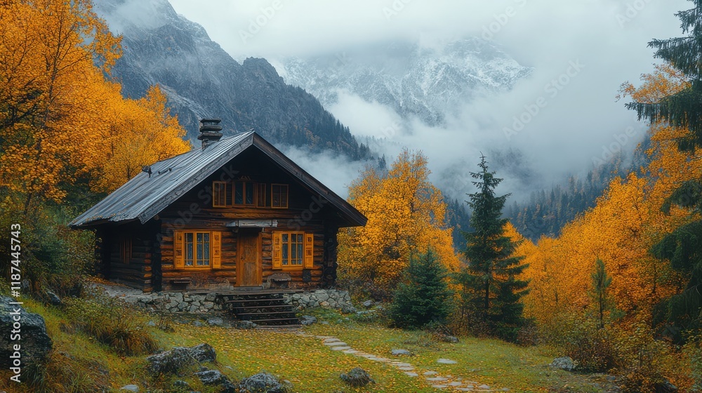mountain shelter in valley in tatras mountains bad weather in zakopane
