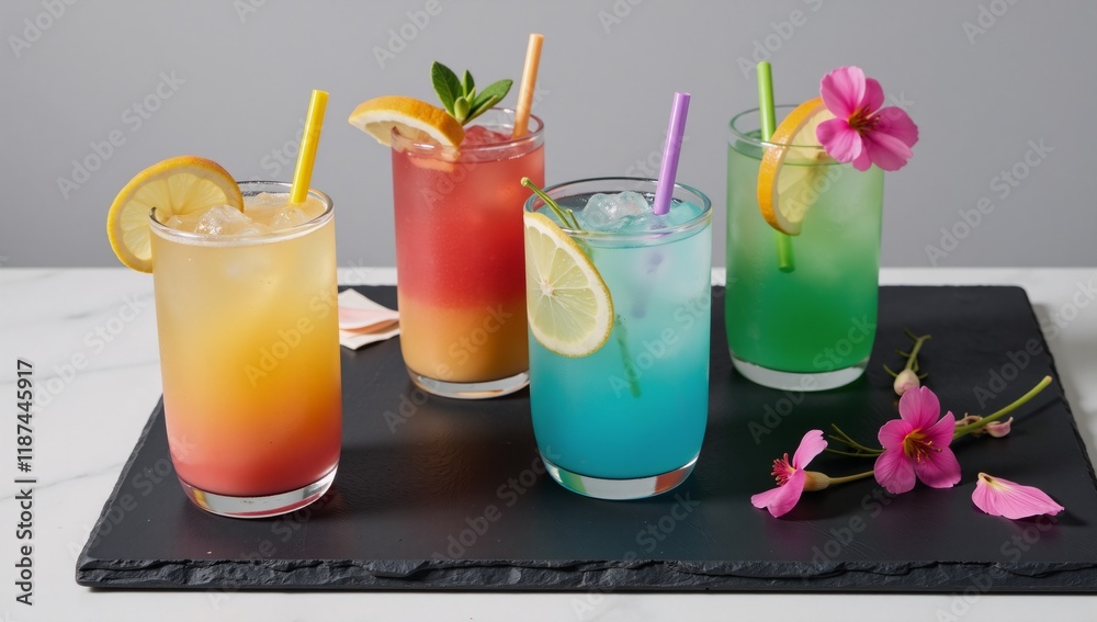 Fototapeta premium Vibrant cocktails showcased on a slate surface Refreshing beverages chic presentation