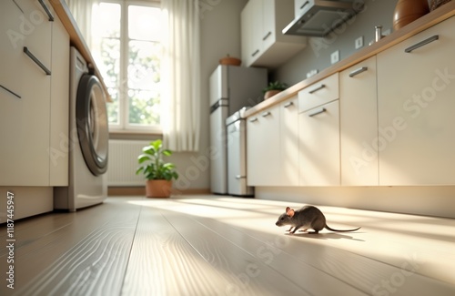 Small grey mouse explores bright kitchen floor. Sunlight streams into cozy home interior. Rodent searching on clean floor. Peaceful scene in domestic environment. Potential pest control issue photo