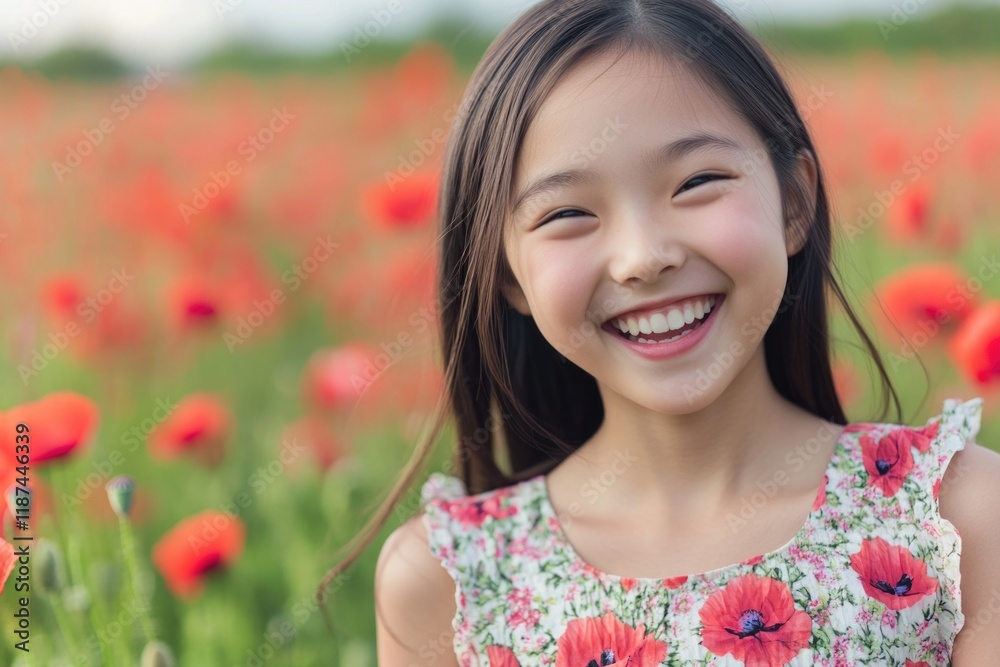 A young girl smiles amidst a vibrant field of red flowers A young girl smiles amidst a vibrant field of red flowers