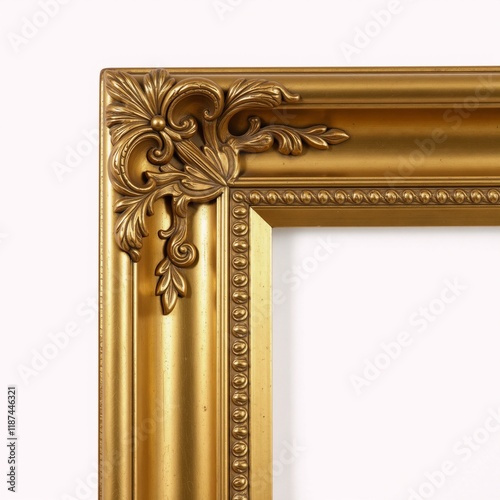 A refined gold frame with detailed carvings ideal for displaying classical artworkphotography against an empty backdrop photo