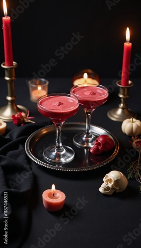 Gothic Halloween table setting featuring dark decor candles red cocktails and eerie ambiance ideal for a spine-tingling party