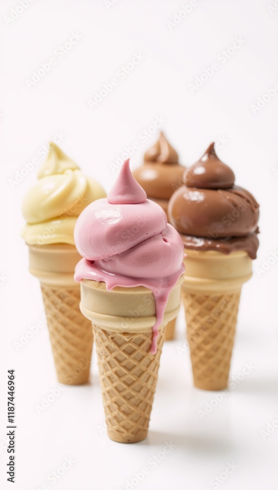 Freshly-scooped ice creams on cones isolated against a white backdrop Freshly-scooped ice creams on cones isolated against a white backdrop