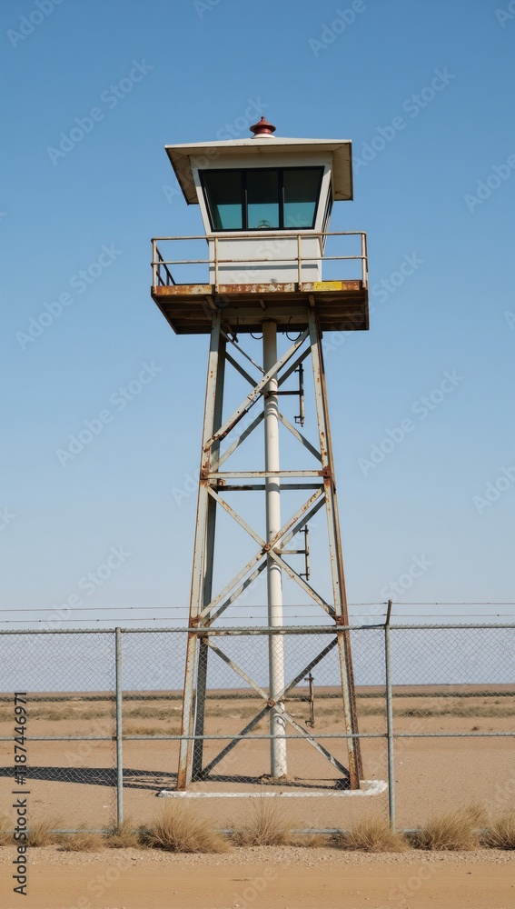 Modern prison tower looms over an empty expanse emphasizing feelings of isolation and control Modern prison tower looms over an empty expanse emphasizing feelings of isolation and control