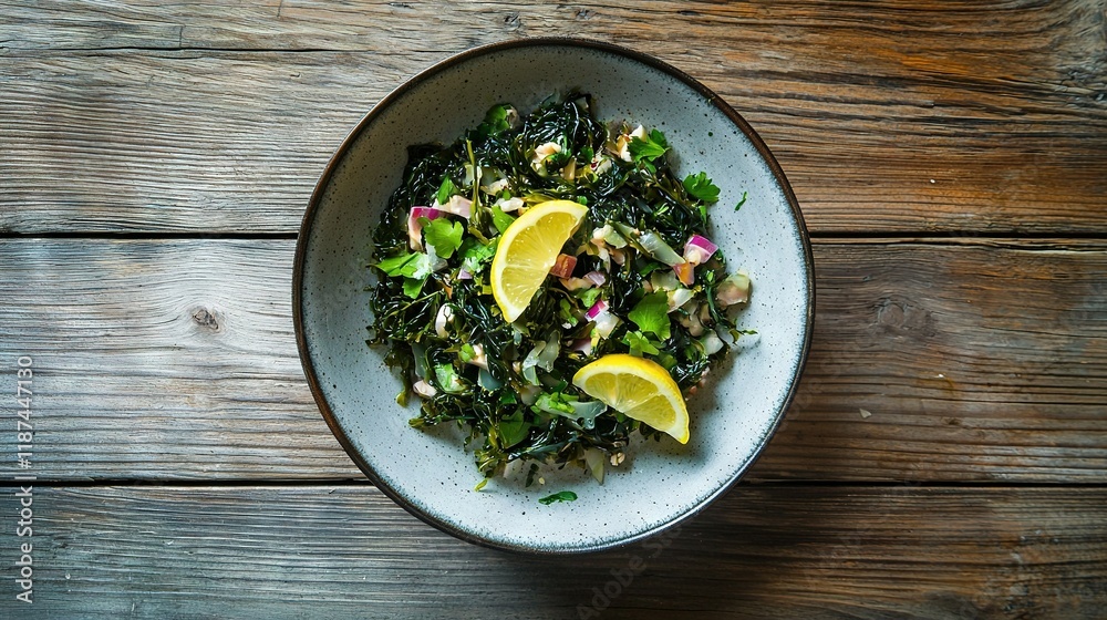 A salad bowl with green veggies and lemon wedges on a wooden table with a knife and fork nearby A salad bowl with green veggies and lemon wedges on a wooden table with a knife and fork nearby
