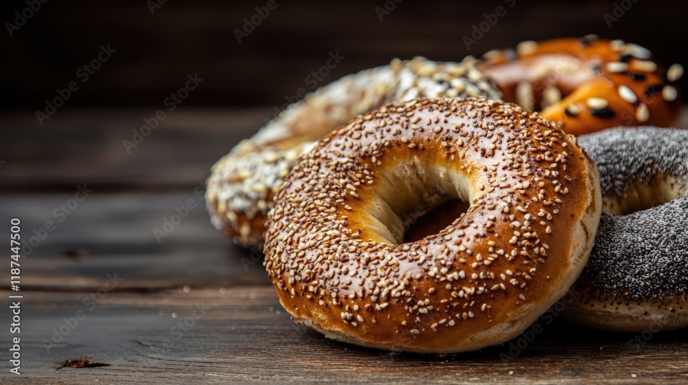 A pair of bagels sit on a wooden table, awaiting to be topped or eaten A pair of bagels sit on a wooden table, awaiting to be topped or eaten