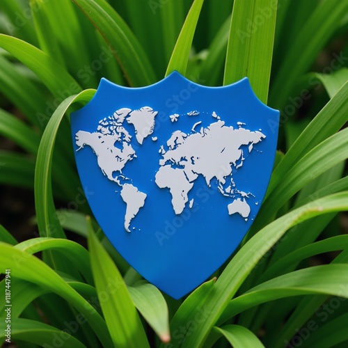 A blue shield encircled by greenery displays a world map symbolizing worldwide safety and ecological preservation photo