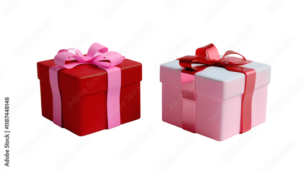 Fototapeta premium A red and pink gift box tied with ribbons rendered in 3D style on a white background