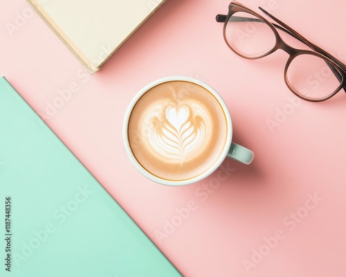 Top View, Flavor Fusion, Captivating latte art experience in a cozy , a heart design in beverage photography, bright atmosphere from a top-down view photo