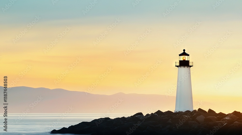 A lighthouse on a rocky promontory surrounded by a water expanse, framed by distant mountains A lighthouse on a rocky promontory surrounded by a water expanse, framed by distant mountains