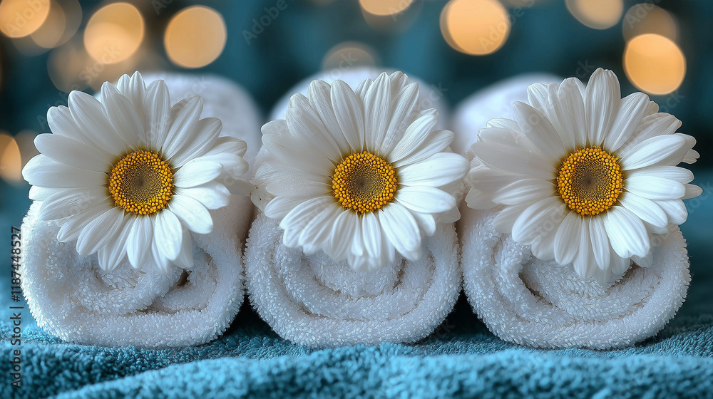 Elegant spa setup featuring rolled towels and fresh daisy flowers. Elegant spa setup featuring rolled towels and fresh daisy flowers.