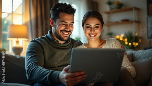 Wallpaper Mural Happy couple enjoying a cozy moment at home using a laptop together Torontodigital.ca