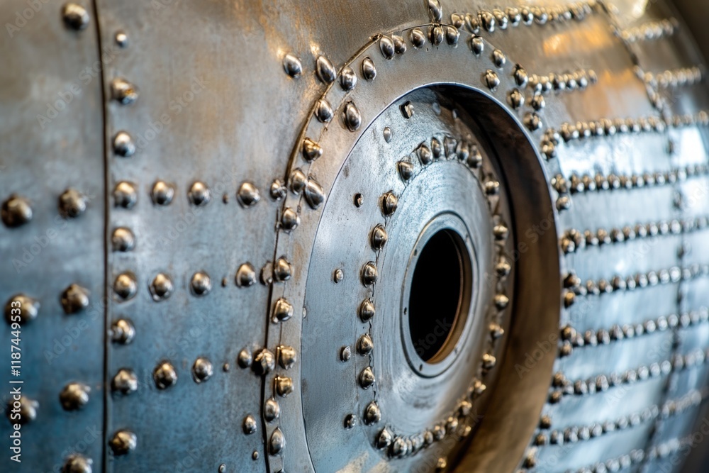 Close-up view of a metal object featuring rivets, ideal for industrial or mechanical illustrations Close-up view of a metal object featuring rivets, ideal for industrial or mechanical illustrations