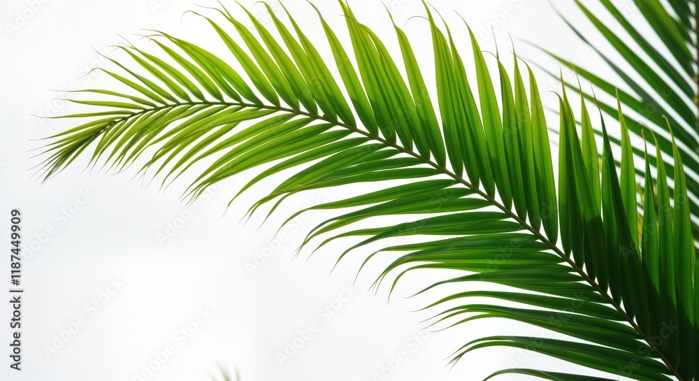 Obraz premium Bright green palm leaf. Close-up view. Isolated on white background. Feathery shape. Ideal for tropical designs. Fresh, vivid green plants. Suggests vacation, summer. Botanical illustration.