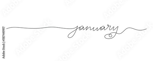 Lettering January drawn with continuous line in minimalism, abstract style, handwritten inscription, calendar, name of month, winter, planner, word, letters, one line, editable vector contour