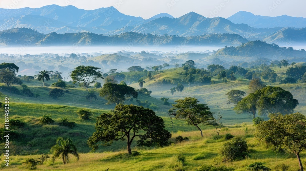 Obraz premium Misty morning landscape with rolling green hills, scattered trees, and distant mountains under a clear sky.