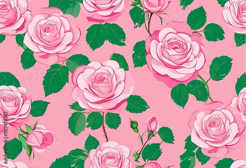 Elegant pink roses with green leaves on a soft pink background