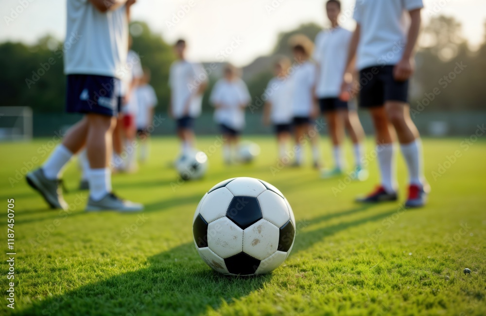 Youth soccer players practice on field. Stand in line, ready for training. Focus on black, white soccer ball. Scene shows sports camp academy. Young athletes likely prepare for match. Good photo for Youth soccer players practice on field. Stand in line, ready for training. Focus on black, white soccer ball. Scene shows sports camp academy. Young athletes likely prepare for match. Good photo for