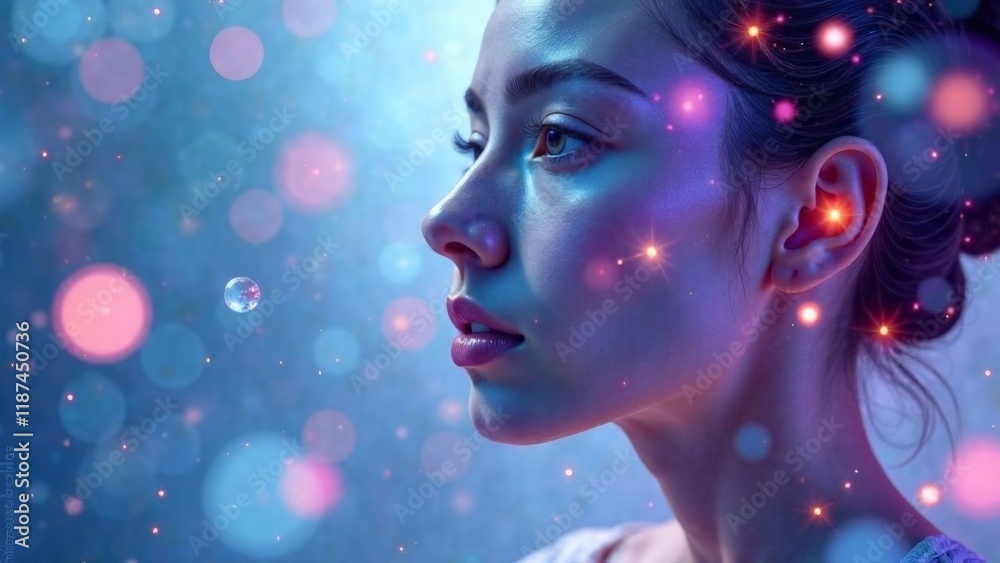 A woman with a bubble in her eye looking at the camera. The bubble is surrounded by a blurry background A woman with a bubble in her eye looking at the camera. The bubble is surrounded by a blurry background