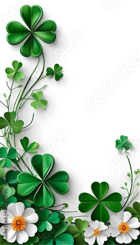 Delicate paper craft featuring green clover leaves and white daisies on a clean background