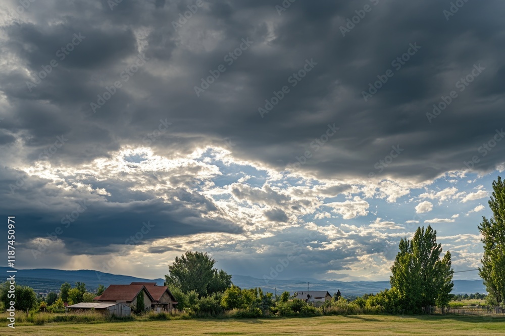 A horse is seen grazing in a peaceful field on a cloudy day A horse is seen grazing in a peaceful field on a cloudy day