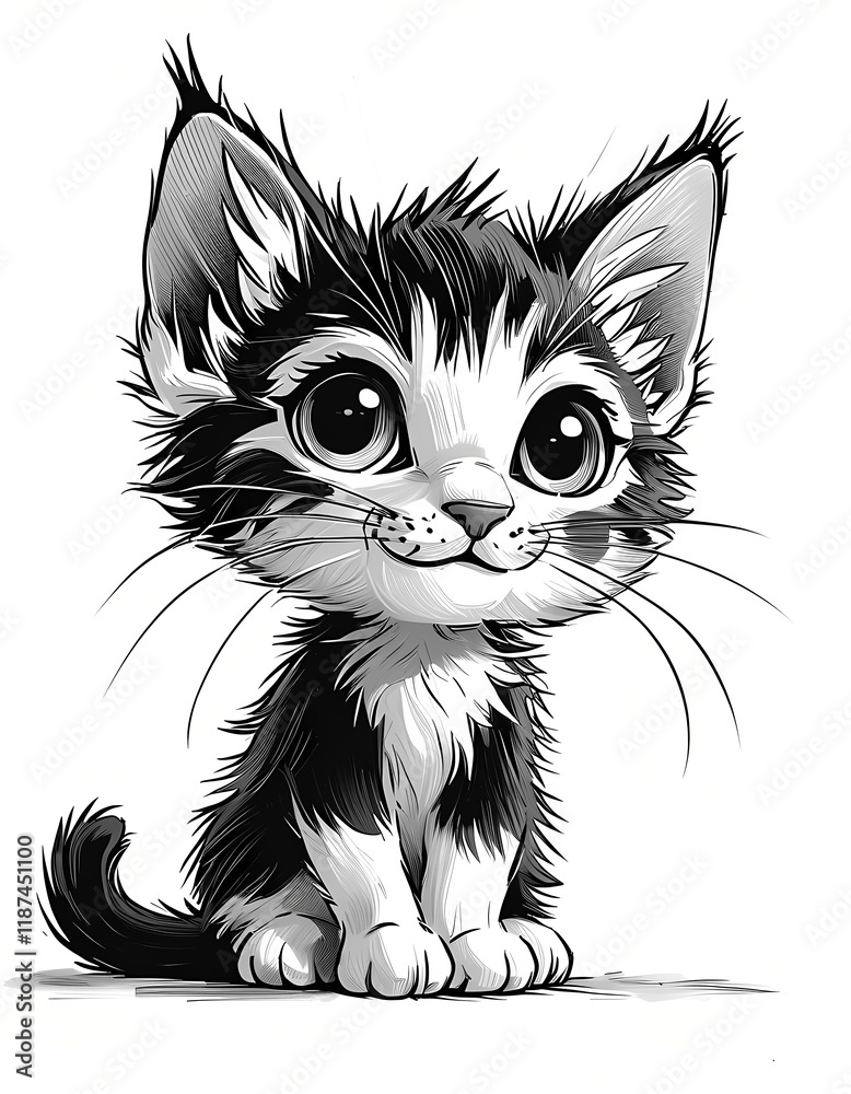 Obraz premium Adorable kitten with large eyes and fluffy fur sitting calmly in a grayscale illustration