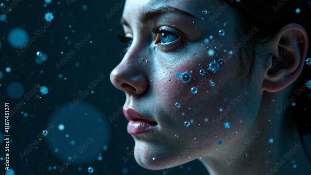 A woman with blue eyes and a face covered in snow. The snow is falling around her, creating a dreamy and ethereal atmosphere A woman with blue eyes and a face covered in snow. The snow is falling around her, creating a dreamy and ethereal atmosphere