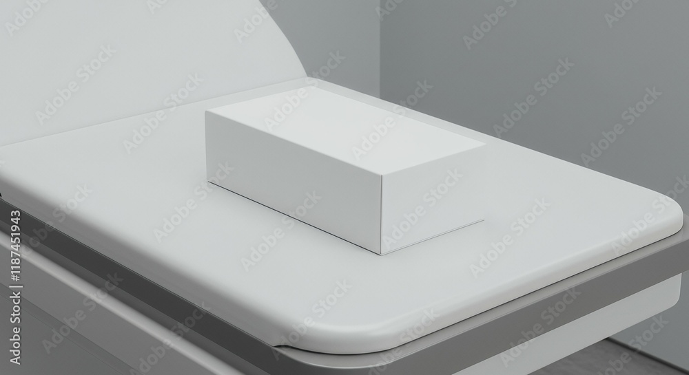 A plain hearing aid packaging box mock-up is displayed on a medical table illustration image