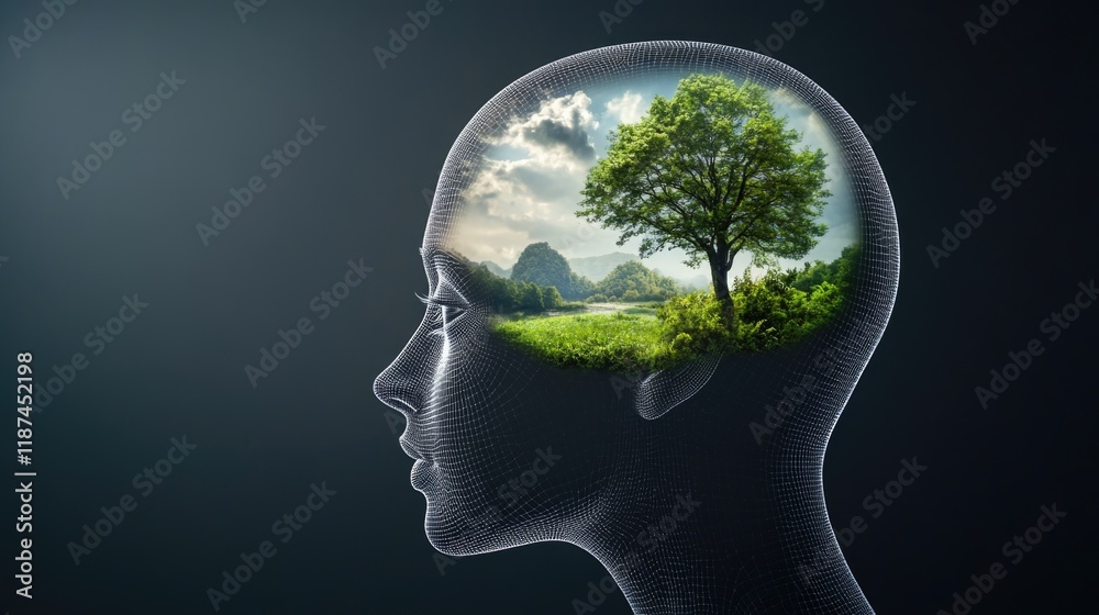 A surreal image of a man's head with a tree growing inside his skull